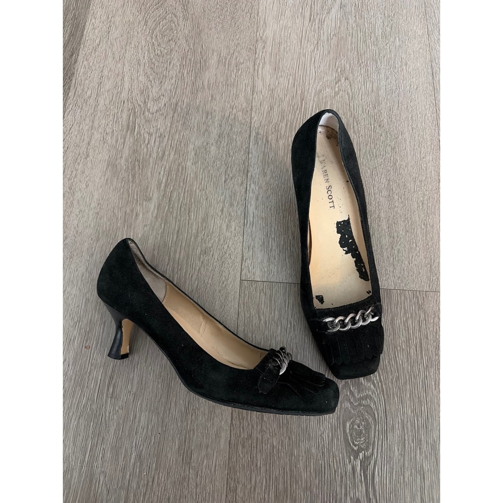 Karen Scott Jade Black Suede Kitten Heels Square Toe Chain Fringe Pumps Size 7